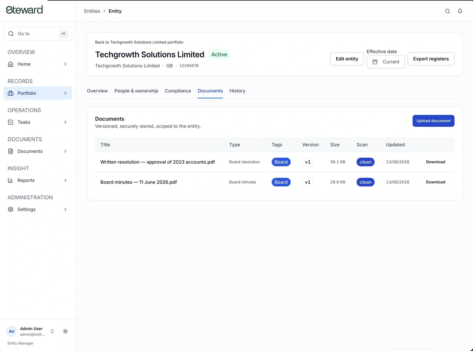 Steward documents view showing versioned board documents scoped to an entity