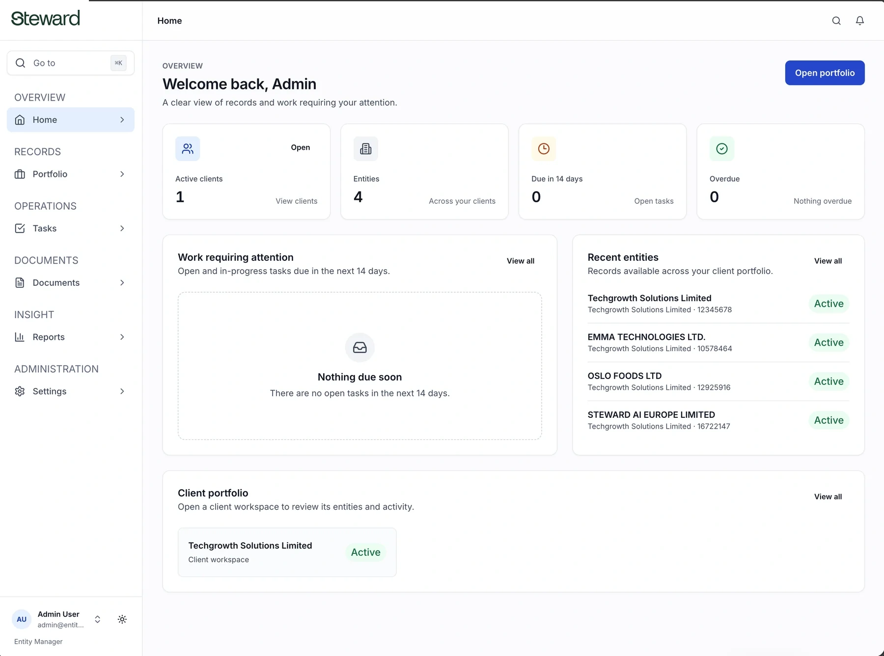 Steward home dashboard showing active clients, entities, and upcoming and overdue deadlines