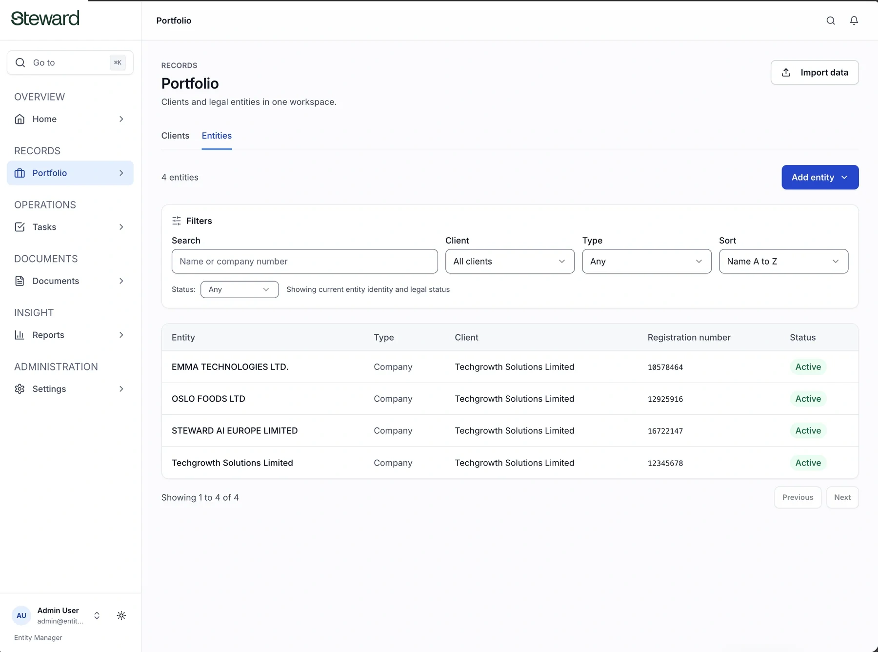 Steward portfolio view listing entities with type, client, registration number and status