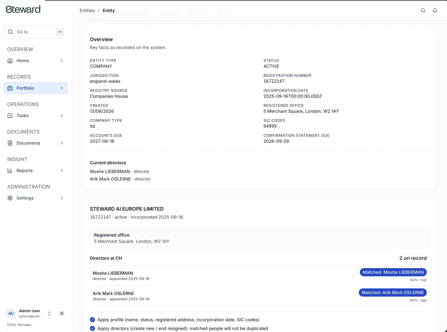Steward registry sync comparing an entity record with Companies House data and matched directors