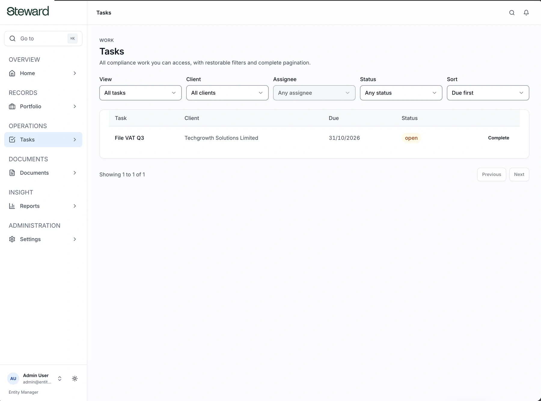 Steward tasks view showing compliance work with filters for client, assignee, status and due date